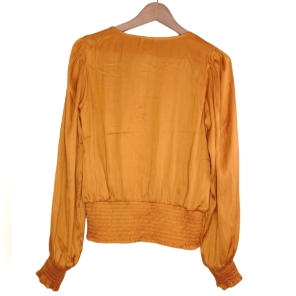 Joie Satin V-Neck Puff Sleeve Mocked Waist Blouse - Picture 2 of 15